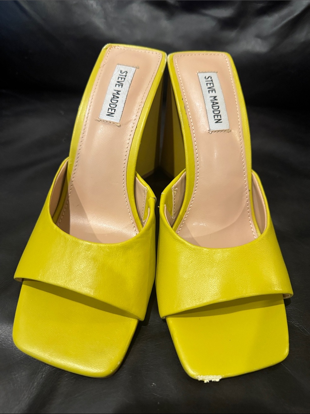 Steve Madden Lemon-Yellow Square Toe Block Heel Mules